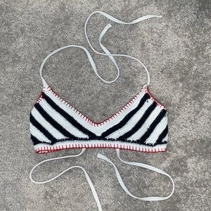 Xhilaration White and Navy Blue Crochet Bikini Top with Red Trim